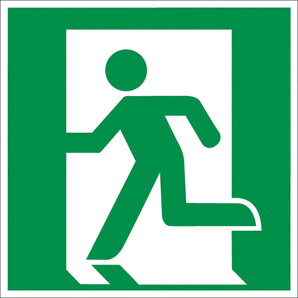 Notausgang links, 200x200mm, nachleuchtend, Aluminium