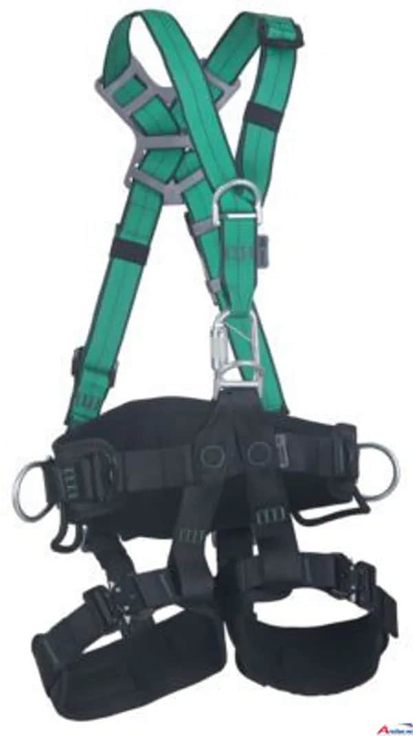 MSA Hängegurt Gravity light, V-Form, Polyester, hinterer D-Ring, zwei seitliche D-Ringe, vorderer D-Ring, D-Ring am Bauch, Hüftpolster, Beinpolster, klein, grün, Verbindungsteile aus Stahl