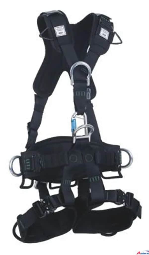 MSA Hängegurt Gravity, V-Form, Polyester, hinterer D-Ring, zwei seitliche D-Ringe, vorderer D-Ring, D-Ring am Bauch, Hüftpolster, Beinpolster, Schulterpolster, klein, schwarz, Verbindungsteile aus Aluminium
